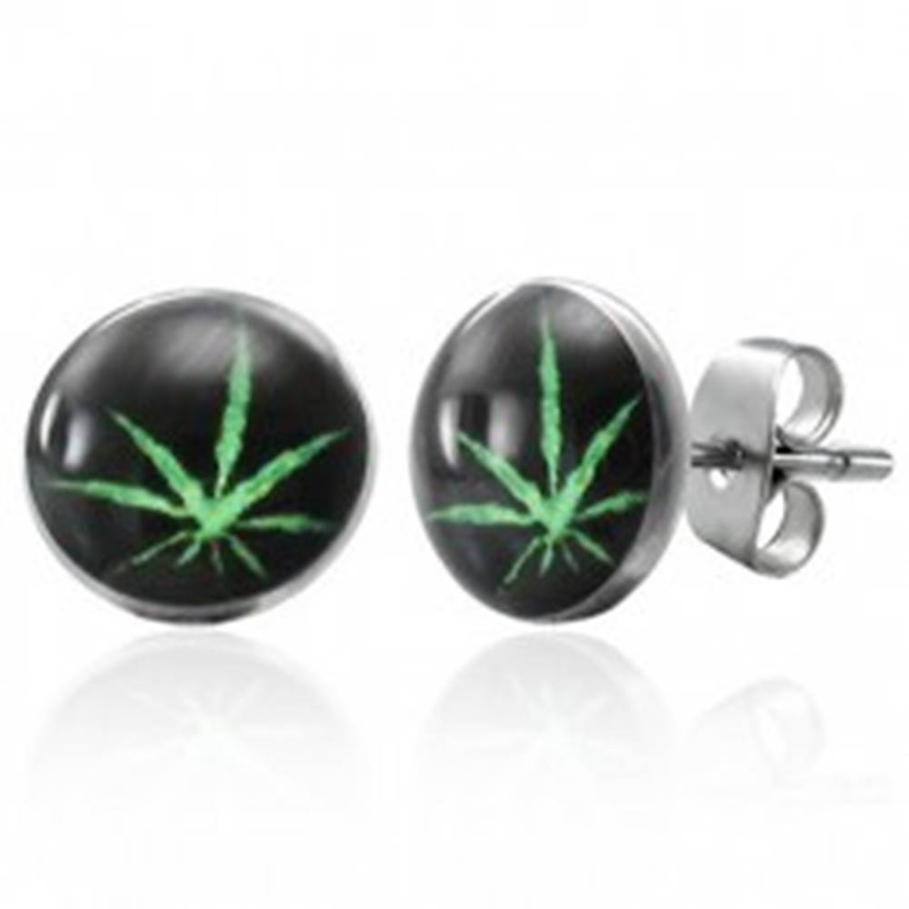 Šperky eshop Puzetové oceľové náušnice, zelená marihuana na čiernom podklade
