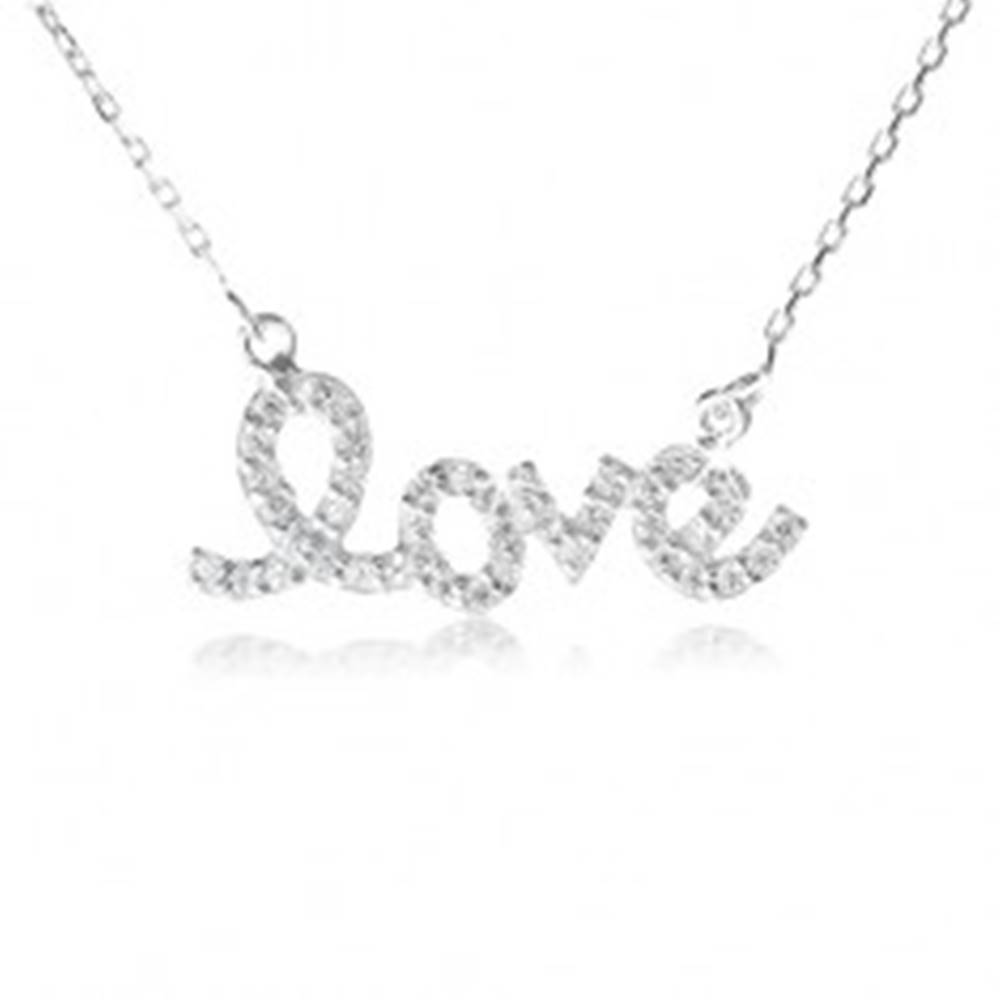 Šperky eshop Strieborný náhrdelník 925, prívesok "love" so zirkónmi, jemná retiazka