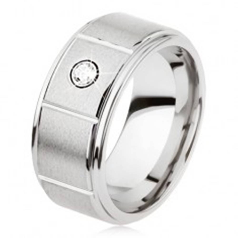 Šperky eshop Tungstenový prsteň striebornej farby so zárezmi, matný sivý povrch, zirkón - Veľkosť: 49 mm