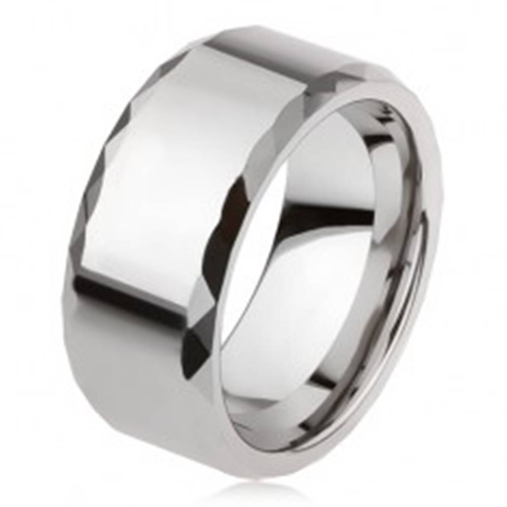 Šperky eshop Volfrámový prsteň striebornej farby, geometricky brúsené okraje, hladký povrch - Veľkosť: 49 mm