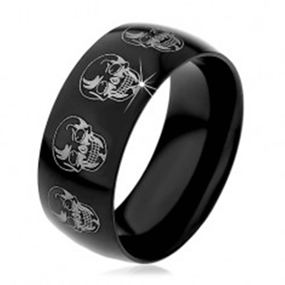 Šperky eshop Čierny prsteň z ocele 316L, lebky v striebornom odtieni, 9 mm - Veľkosť: 59 mm