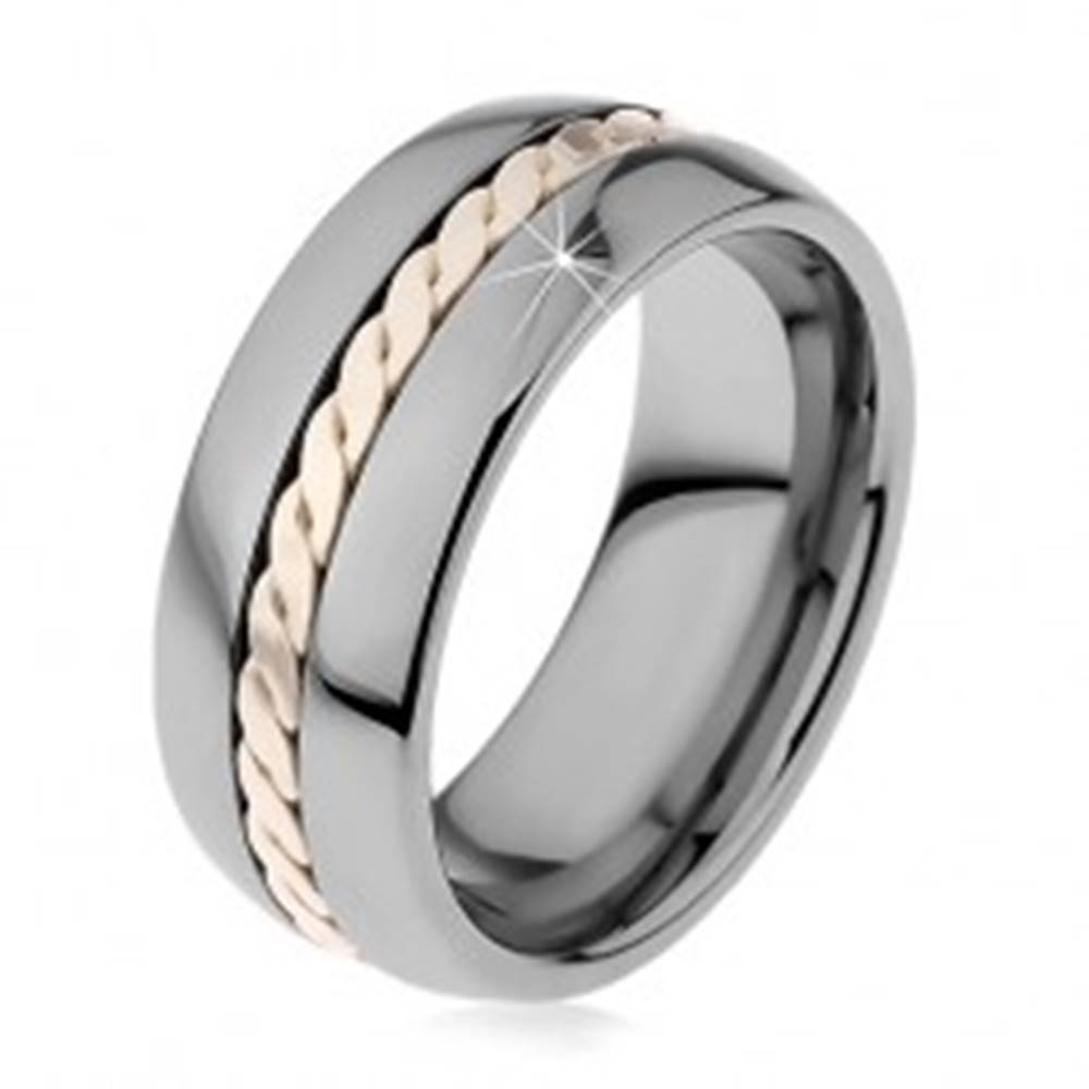 Šperky eshop Lesklý prsteň z volfrámu s pleteným vzorom striebornej farby, 8 mm - Veľkosť: 49 mm