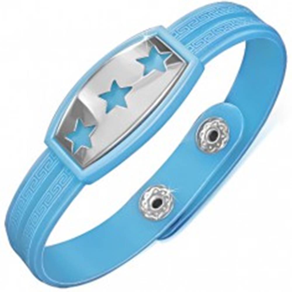 Šperky eshop Modrý gumený náramok s hviezdami na oceľovej známke