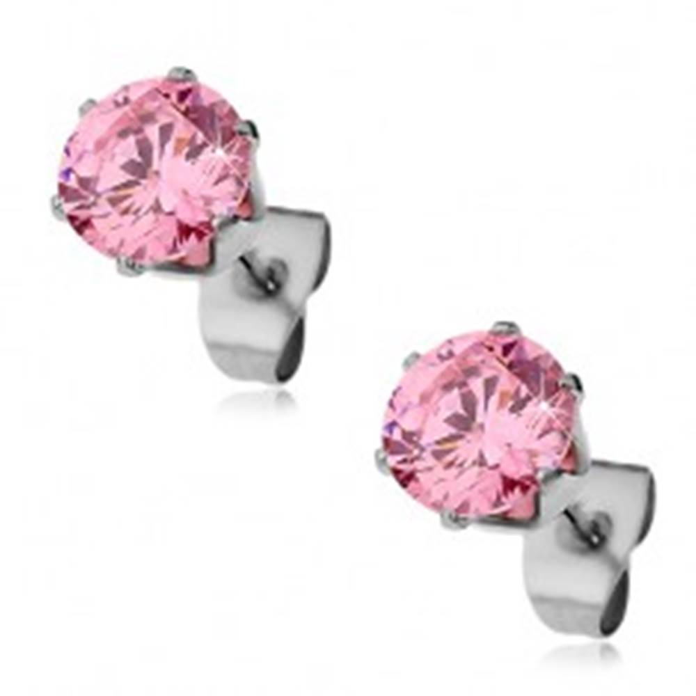 Šperky eshop Oceľové náušnice s ligotavým ružovým zirkónom, 7 mm
