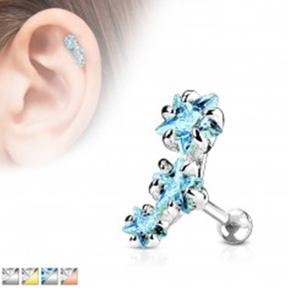 Šperky eshop Oceľový piercing do tragusu ucha, oblúk z troch zirkónových hviezdičiek - Farba zirkónu: Aqua modrá - Q