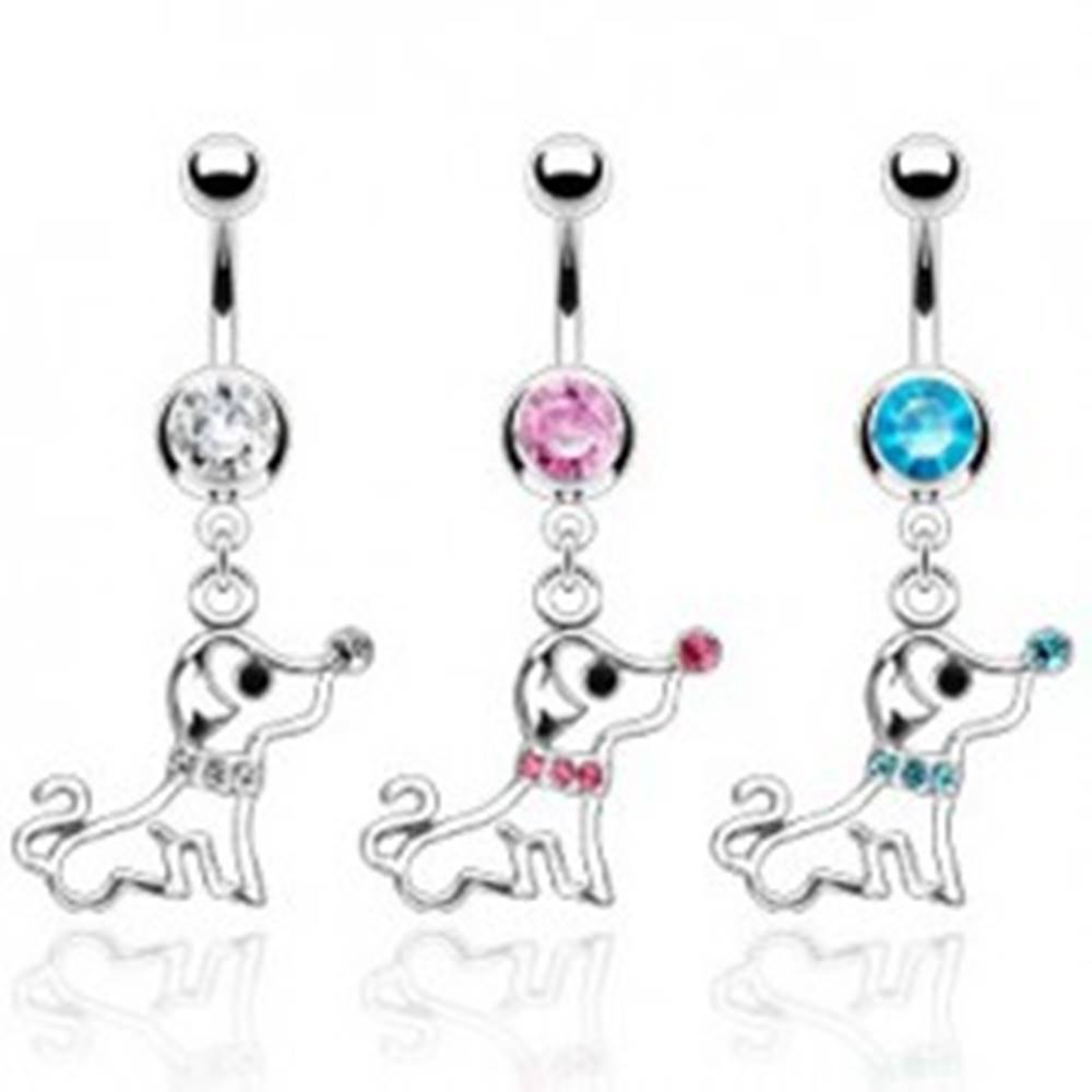 Šperky eshop Piercing do pupku psík s obojkom zo zirkónov - Farba zirkónu: Aqua modrá - Q