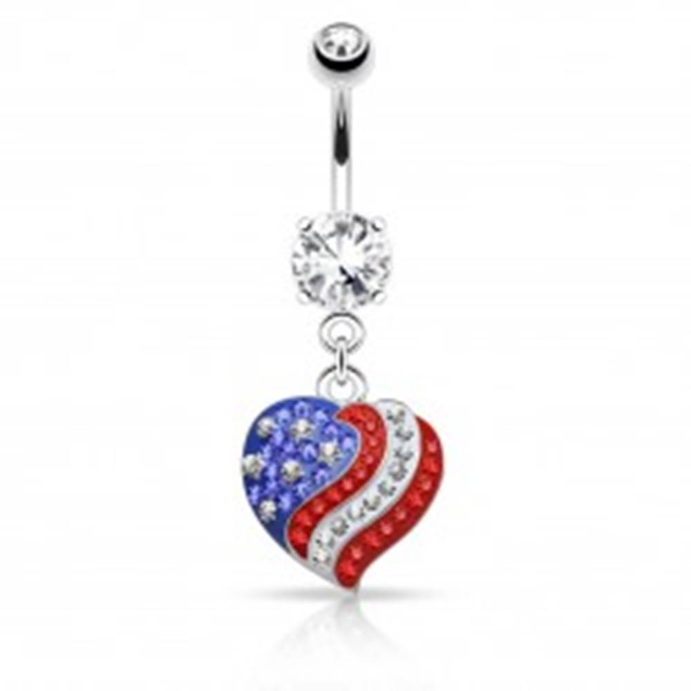 Šperky eshop Piercing do pupku z ocele 316L, zirkónové srdce s motívom americkej vlajky