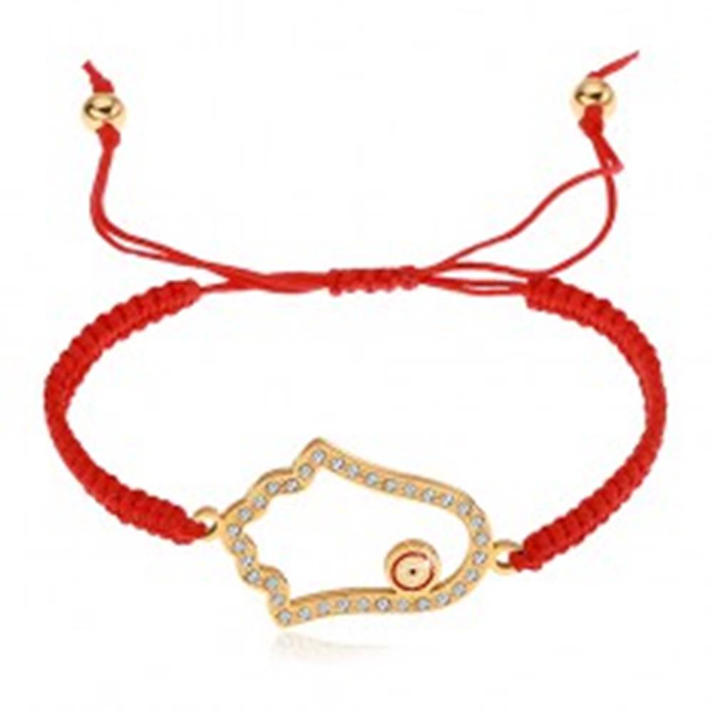 Šperky eshop Pletený nastaviteľný náramok červenej farby, symbol Hamsa, číre zirkóny