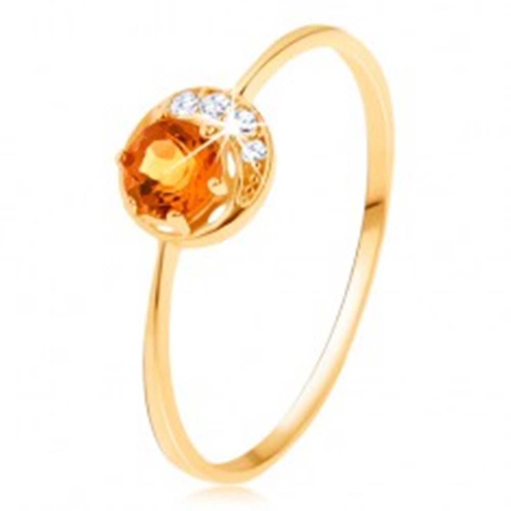 Šperky eshop Prsteň zo žltého 14K zlata - úzky kosáčik mesiaca, žltý citrín, zirkóniky čírej farby - Veľkosť: 50 mm