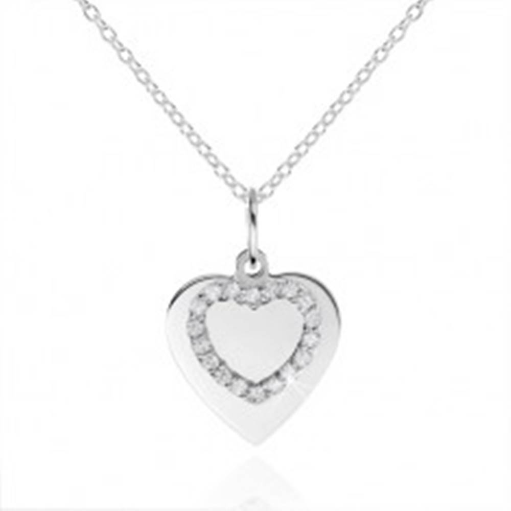 Šperky eshop Strieborný náhrdelník 925, ploché srdiečko a kontúra srdca so zirkónmi