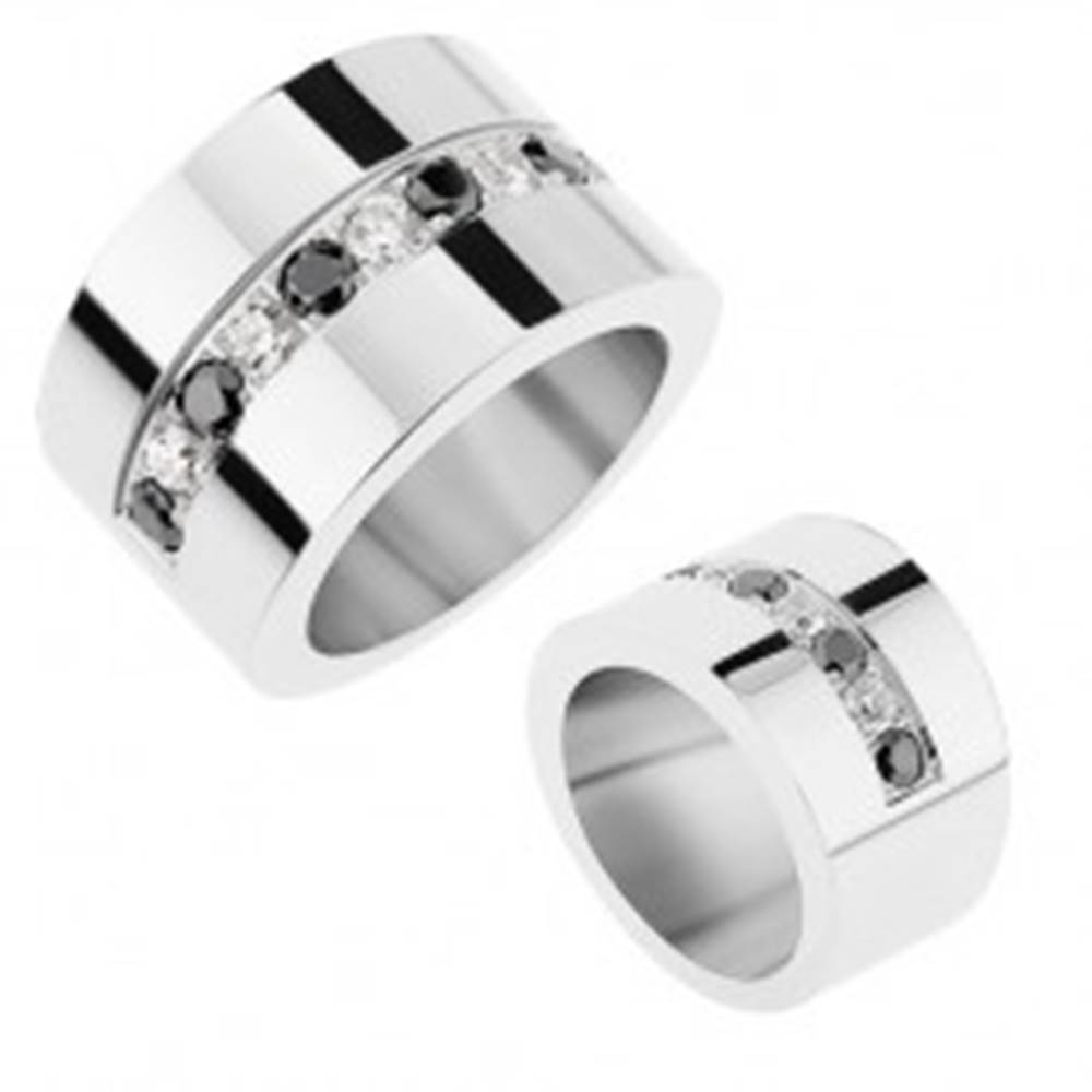 Šperky eshop Zrkadlovolesklý prsteň z ocele 316L, striedajúce sa číre a čierne ligotavé zirkóny - Veľkosť: 56 mm