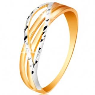 Dvojfarebný prsteň zo 14K zlata - rozvetvené a zvlnené línie ramien, zárezy - Veľkosť: 49 mm