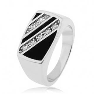 Strieborný prsteň 925, obdĺžnik - šikmé línie čírych zirkónov, čierna glazúra - Veľkosť: 53 mm