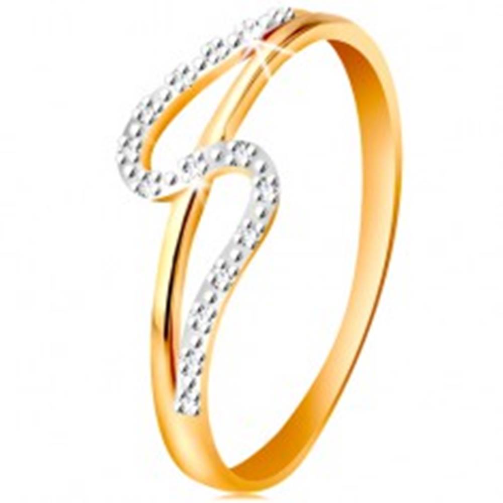 Šperky eshop Diamantový prsteň zo 14K zlata, rovné a zvlnené rameno, drobné číre diamanty - Veľkosť: 49 mm
