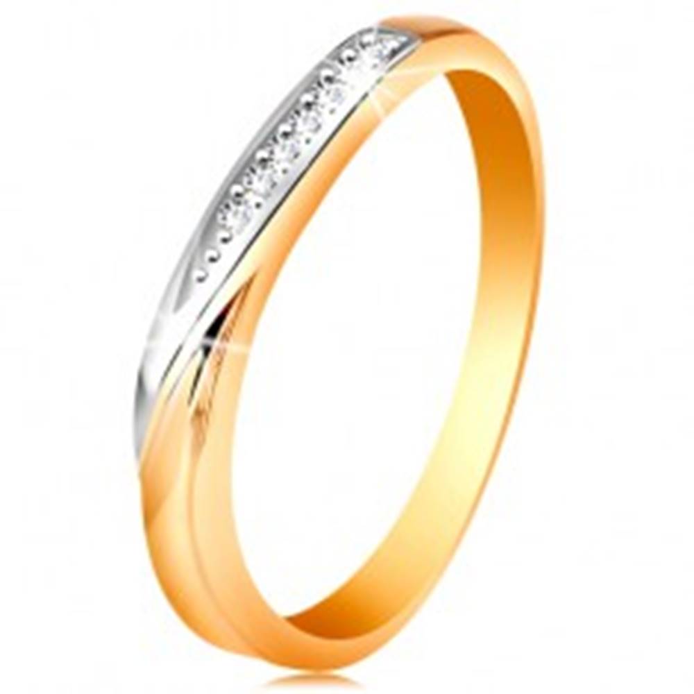 Šperky eshop Dvojfarebný zlatý prsteň 585 - vlnka z bieleho zlata a drobných čírych zirkónov - Veľkosť: 48 mm
