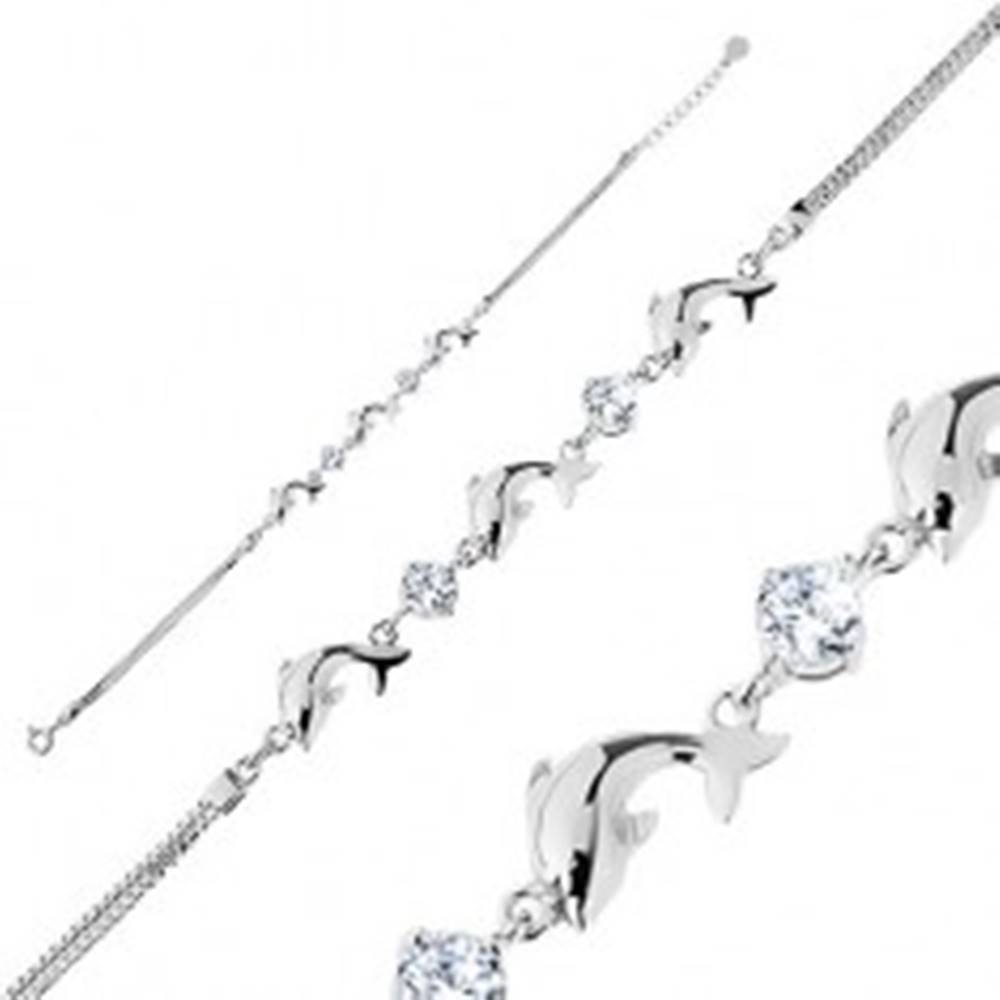 Šperky eshop Náramok zo striebra 925, dvojitá retiazka, lesklé delfíny, číre ligotavé zirkóniky