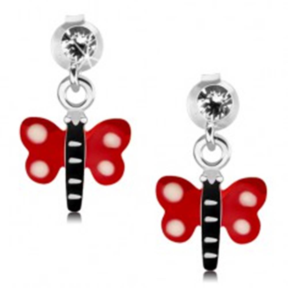 Šperky eshop Náušnice zo striebra 925, motýľ s červenými krídlami a bielymi bodkami, krištáľ