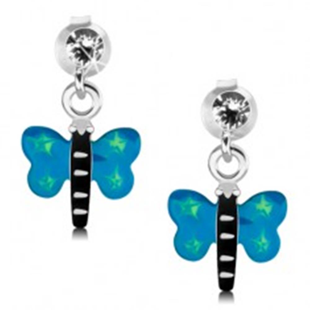 Šperky eshop Náušnice zo striebra 925, motýľ s modrými krídlami a zelenými hviezdičkami