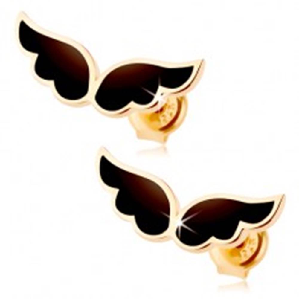 Šperky eshop Náušnice zo žltého 9K zlata - dvojica anjelských krídel, čierna glazúra