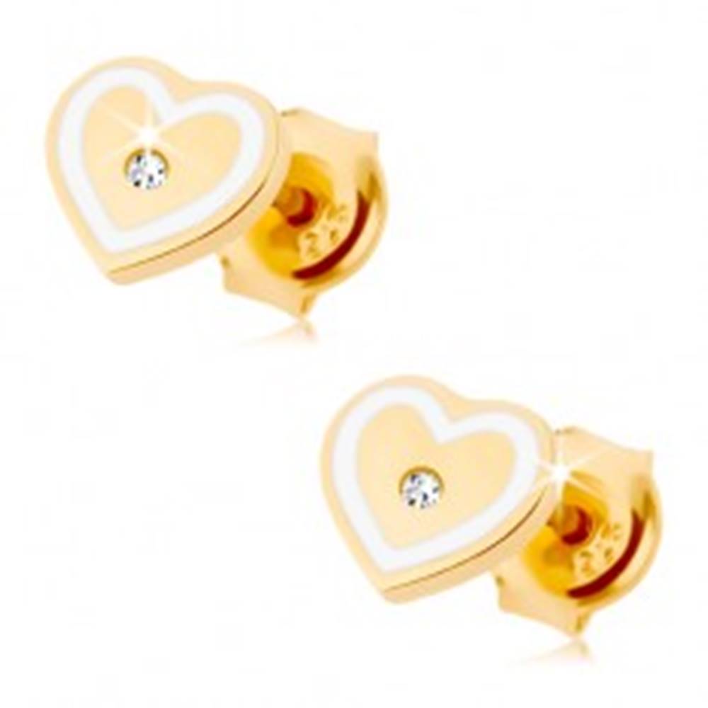 Šperky eshop Náušnice zo žltého 9K zlata - srdiečko so zirkónikom a obrysom z bielej glazúry