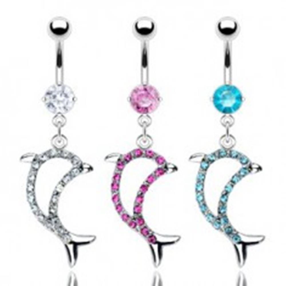 Šperky eshop Piercing do pupku delfín so zirkónmi - Farba zirkónu: Aqua modrá - Q