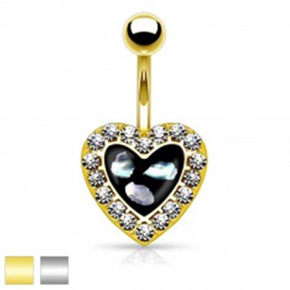 Šperky eshop Piercing do pupku z ocele 316L, čierne srdiečko s kúskami perlete a čírymi zirkónikmi - Farba piercing: Strieborná