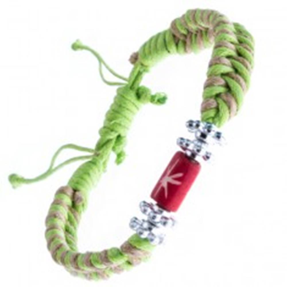 Šperky eshop Pletený náramok - béžovo-zelený, kvietky a korálka s hviezdou