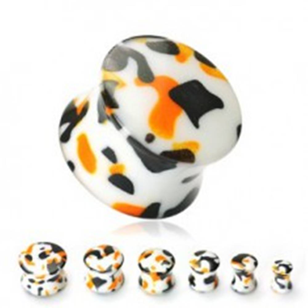 Šperky eshop Plug do ucha biely špliechaný čiernou, oranžovou - Hrúbka: 10 mm