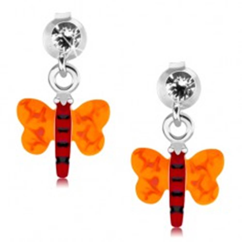 Šperky eshop Strieborné 925 náušnice, motýlik s červeným telom a oranžovými krídlami