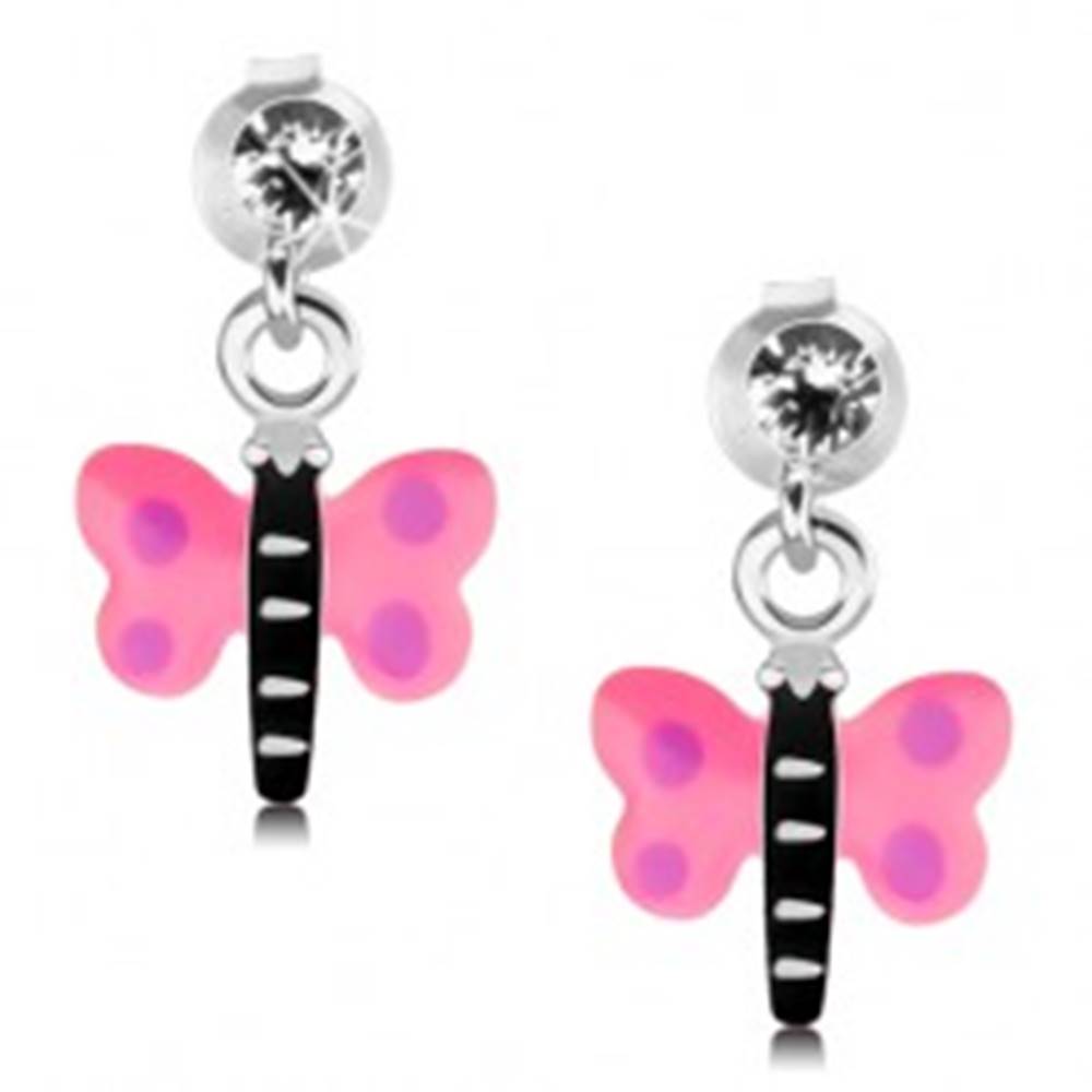 Šperky eshop Strieborné 925 náušnice, motýlik s ružovými krídlami a fialovými bodkami