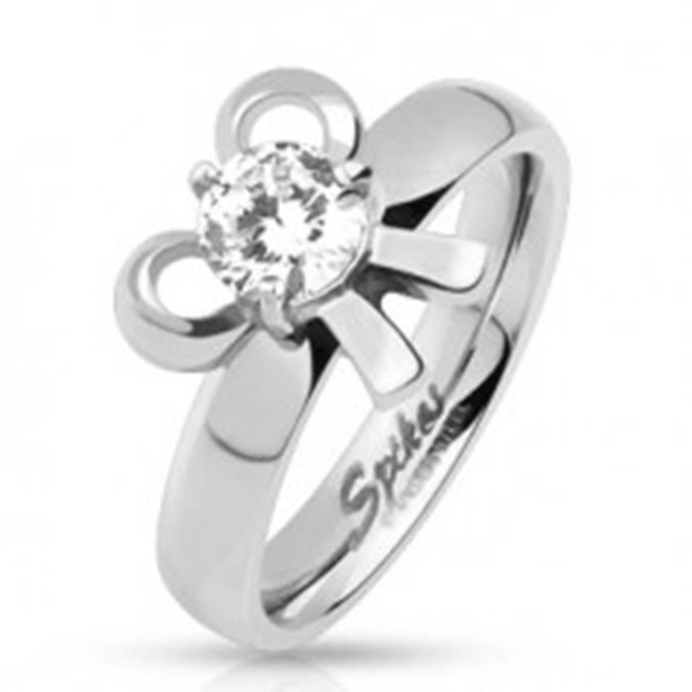 Šperky eshop Zásnubný oceľový prsteň s mašličkou a okrúhlym kamienkom  - Veľkosť: 49 mm