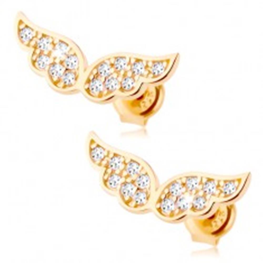 Šperky eshop Zlaté náušnice 375 - trblietavé anjelské krídla vykladané čírymi zirkónikmi