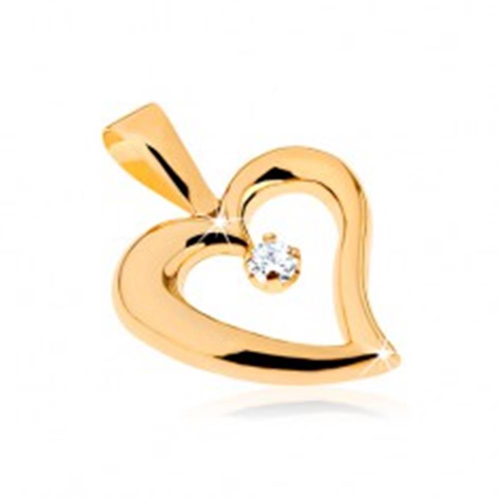 Šperky eshop Zlatý prívesok 375 - lesklý obrys nepravidelného srdca, číry zirkón v strede