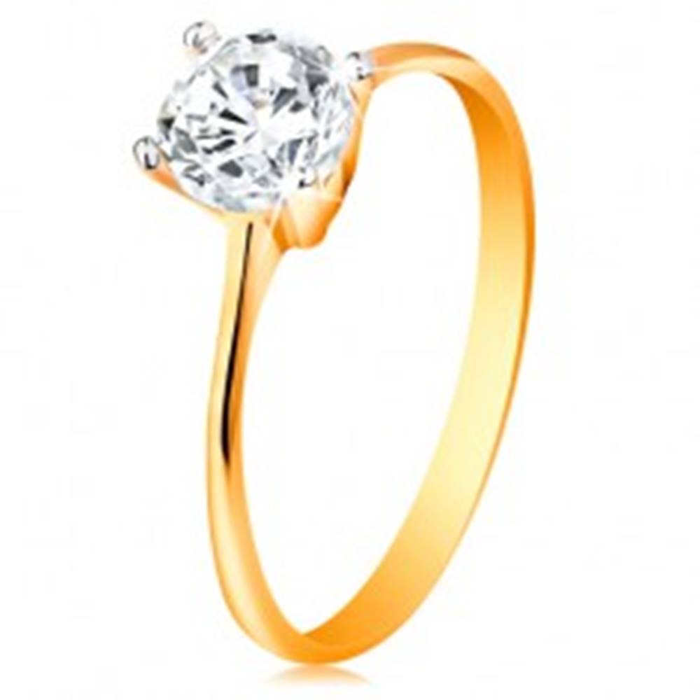 Šperky eshop Zlatý prsteň 14K - zúžené ramená, žiarivý číry zirkón v lesklom kotlíku - Veľkosť: 49 mm