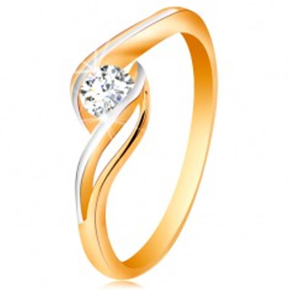 Šperky eshop Zlatý prsteň 585 - číry zirkón, dvojfarebné, rozdelené a zvlnené ramená - Veľkosť: 49 mm
