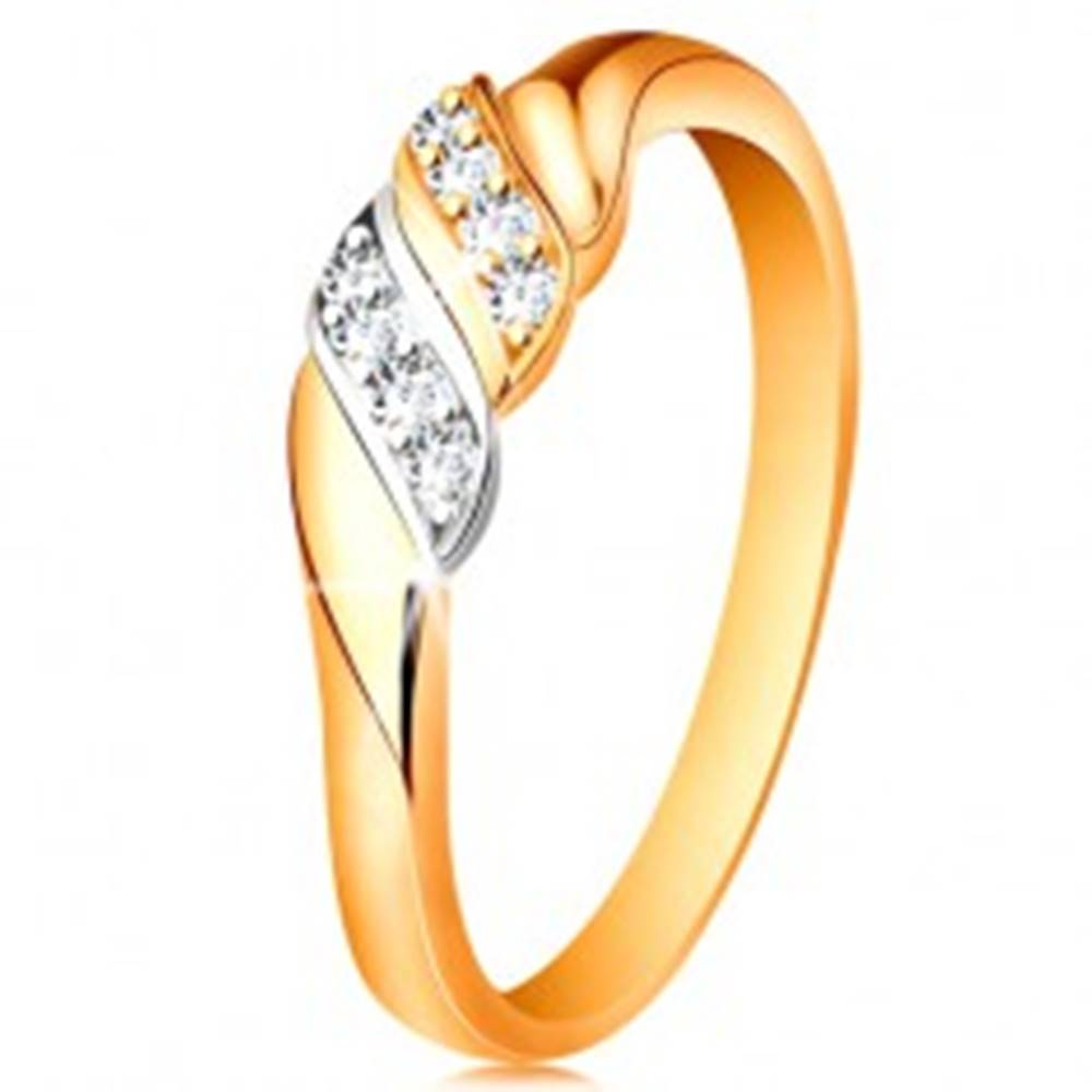 Šperky eshop Zlatý prsteň 585 - dve vlnky z bieleho a žltého zlata, trblietavé číre zirkóny - Veľkosť: 49 mm
