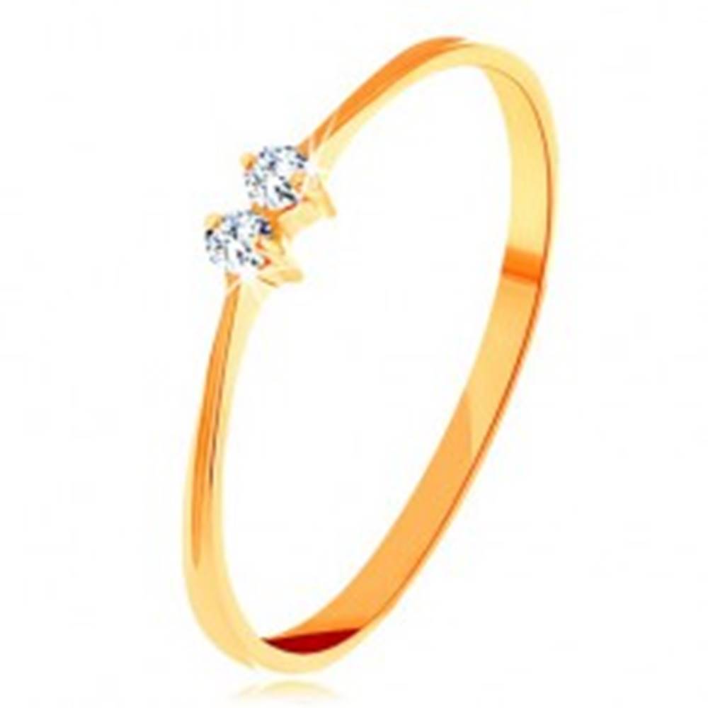 Šperky eshop Briliantový zlatý prsteň 585 - tenké lesklé ramená, dva žiarivé číre diamanty - Veľkosť: 50 mm