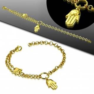 Oceľový náramok zlatej farby, dve ruky Fatimy, kruh a dvojitá retiazka