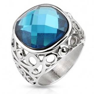 Oceľový prsteň, ramená zdobené filigránom, modrý brúsený kameň - Veľkosť: 49 mm