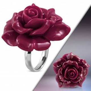 Prsteň z ocele 316L - veľká ružovofialová rozkvitnutá ruža zo živice - Veľkosť: 49 mm
