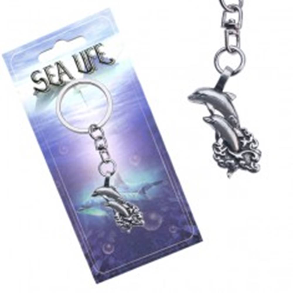 Šperky eshop Lesklý prívesok na kľúče, dva delfíny vyskakujúce z vĺn