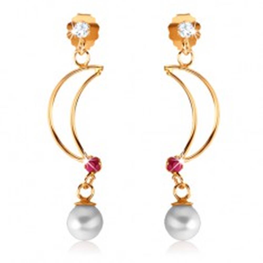 Šperky eshop Náušnice v žltom 9K zlate - lesklý obrys polmesiaca s rubínom, biela perla