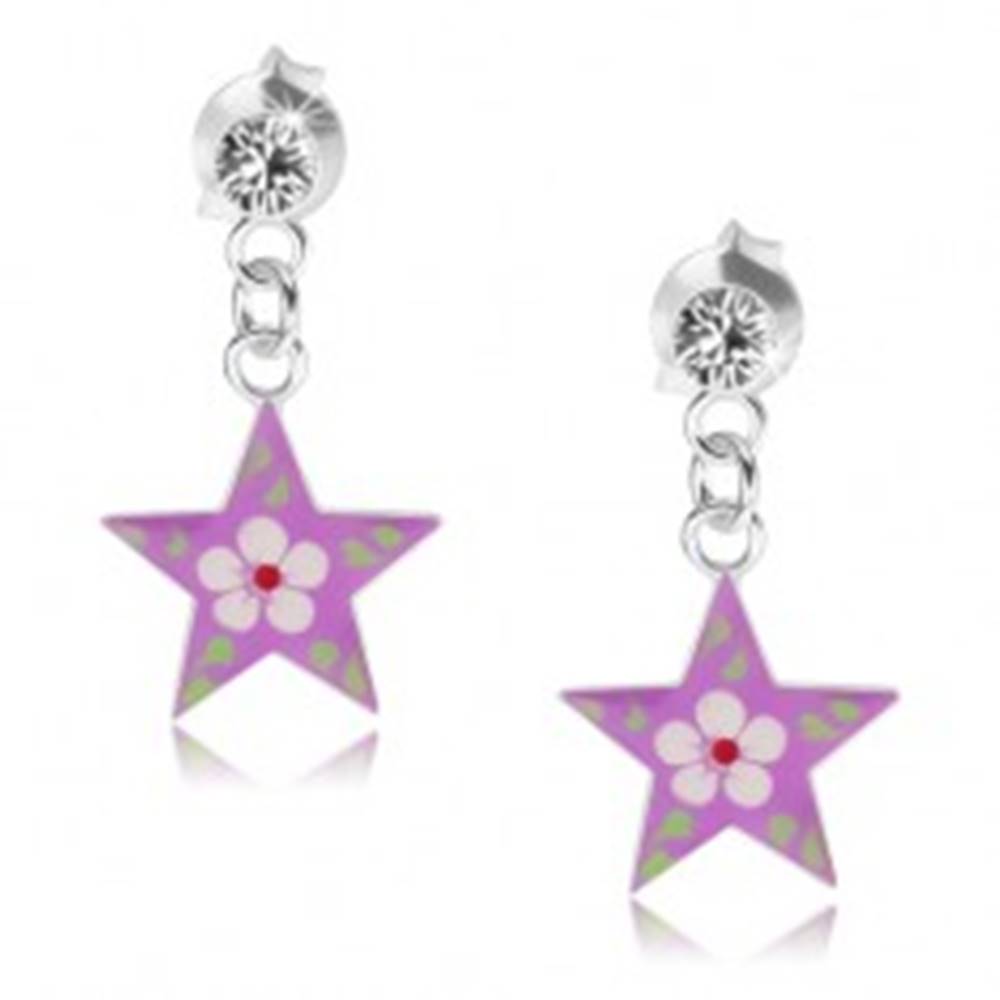 Šperky eshop Náušnice zo striebra 925, číry krištálik, fialová hviezda s farebným kvetom