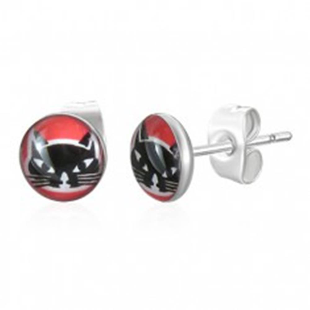 Šperky eshop Okrúhle oceľové náušnice - hlava čiernej mačky, červené pozadie