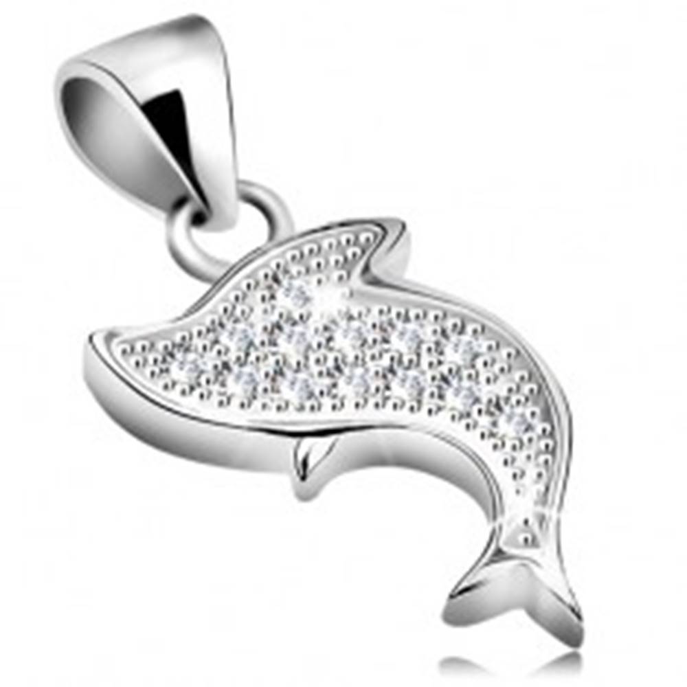 Šperky eshop Prívesok zo striebra 925, ródiovaný, skáčúci delfín s čírymi zirkónikmi