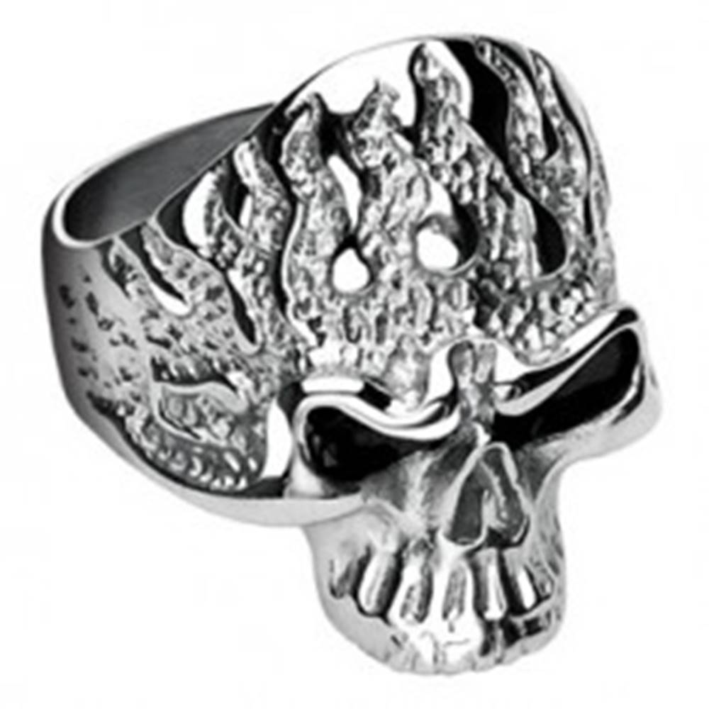 Šperky eshop Prsteň z chirurgickej ocele, lebka s plameňmi - Veľkosť: 60 mm
