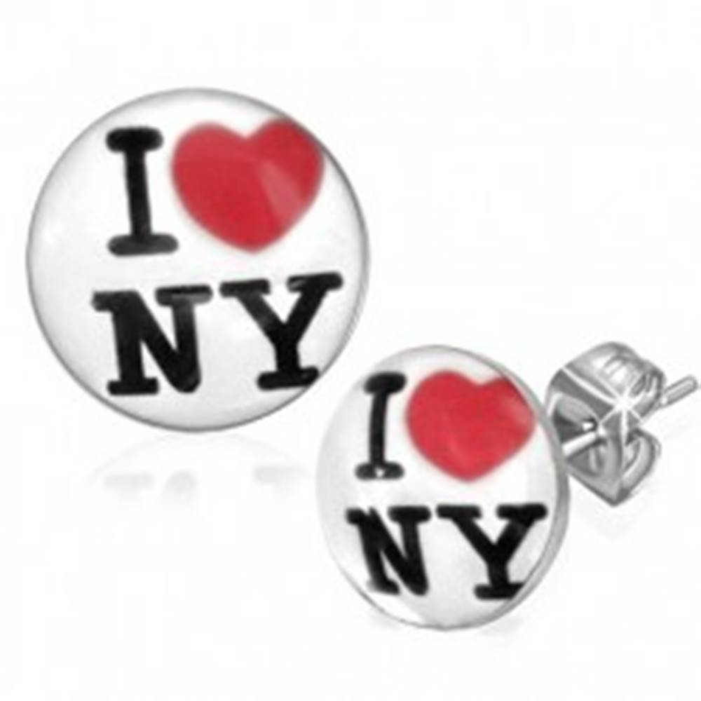 Šperky eshop Puzetové náušnice z chirurgickej ocele - biele kruhy, I love NY