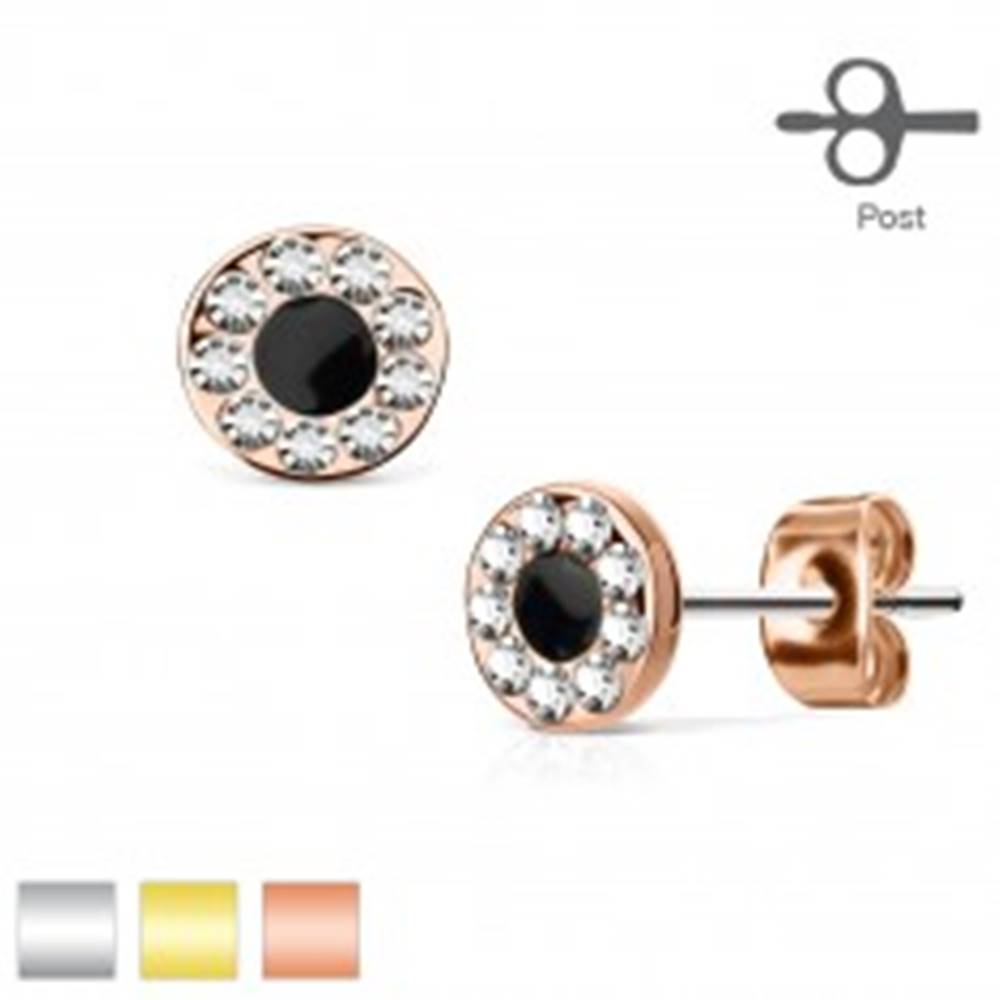 Šperky eshop Puzetové náušnice z ocele 316L, kruh s čiernym stredom a zirkónovou obrubou - Farba: Medená