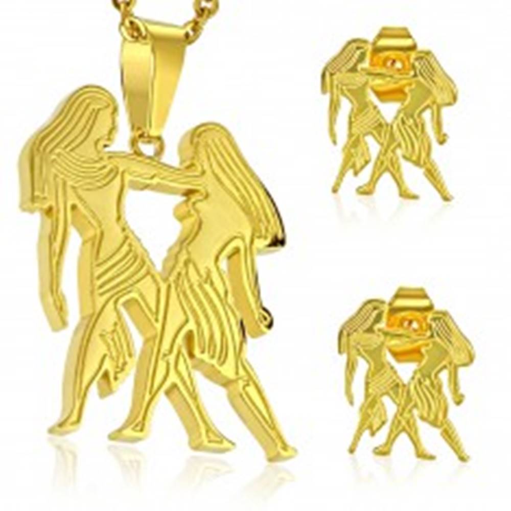 Šperky eshop Set z chirurgickej ocele v zlatom odtieni, prívesok a náušnice, znamenie BLÍŽENCI