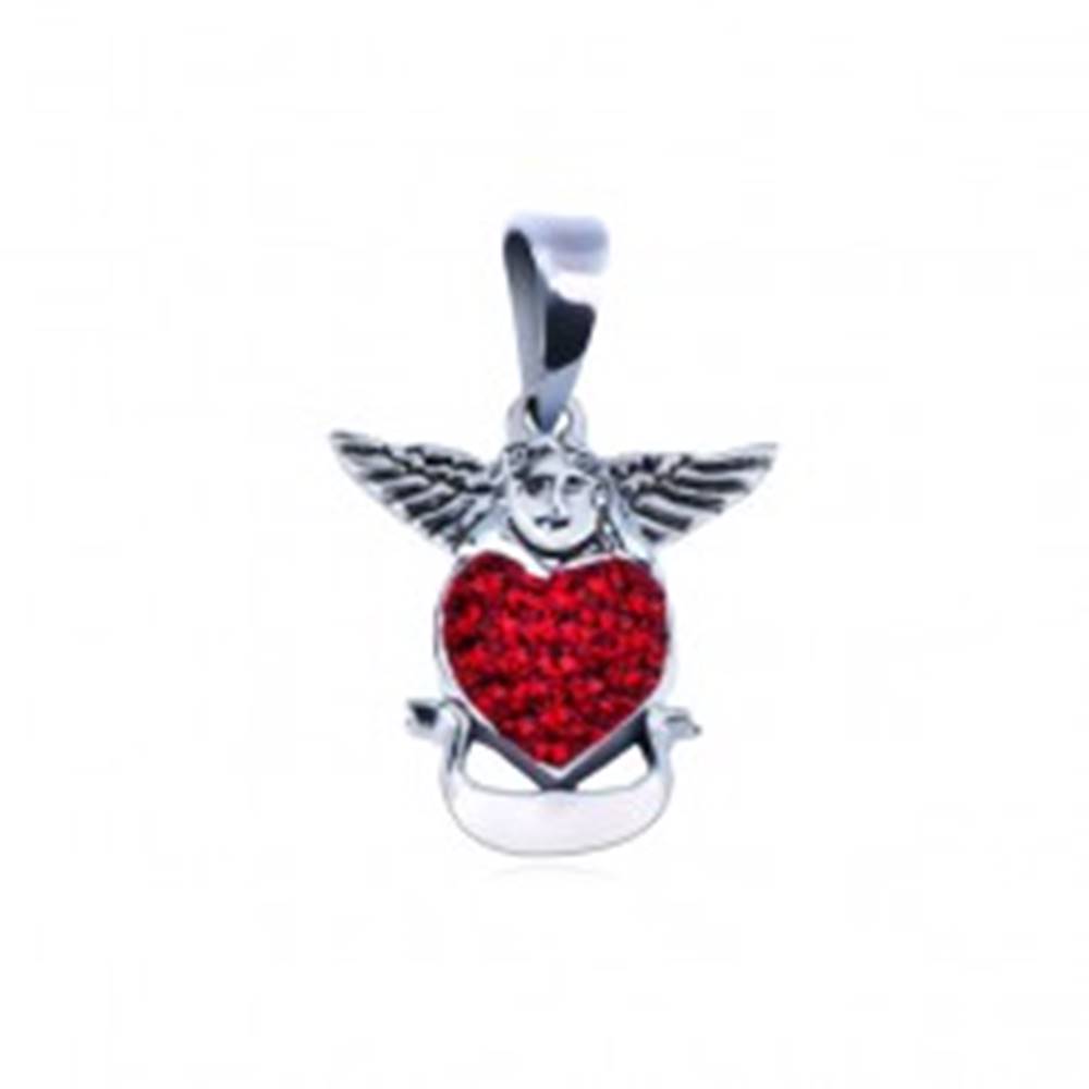Šperky eshop Strieborný prívesok 925 - anjel nad červeným srdcom so stuhou